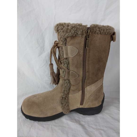 Lands' End Tan Suede Leather Boots Fleece Lining Zip Up Mid Calf Womens Size 7B - Picture 4 of 8